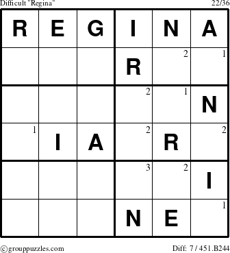 The grouppuzzles.com Difficult Regina puzzle for  with the first 3 steps marked