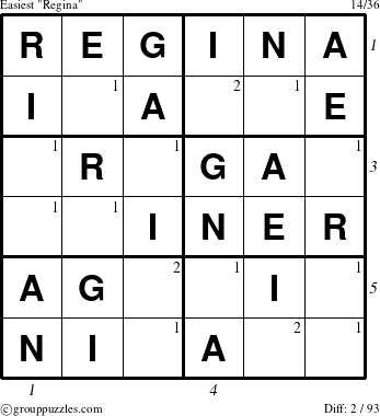 The grouppuzzles.com Easiest Regina puzzle for  with all 2 steps marked