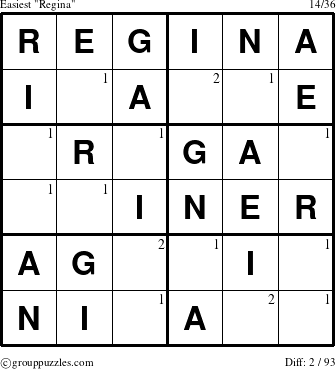 The grouppuzzles.com Easiest Regina puzzle for  with the first 2 steps marked