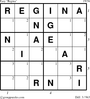 The grouppuzzles.com Easy Regina puzzle for  with all 3 steps marked