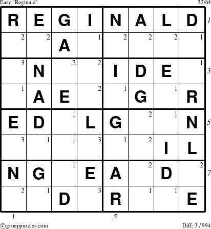 The grouppuzzles.com Easy Reginald puzzle for  with all 3 steps marked