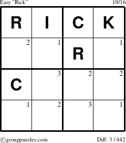 The grouppuzzles.com Easy Rick puzzle for  with the first 3 steps marked