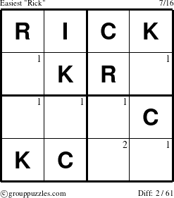 The grouppuzzles.com Easiest Rick puzzle for  with the first 2 steps marked
