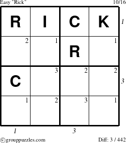 The grouppuzzles.com Easy Rick puzzle for  with all 3 steps marked