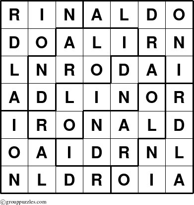 The grouppuzzles.com Answer grid for the Rinaldo puzzle for 