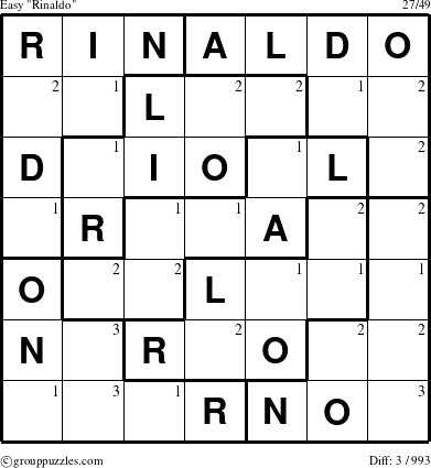 The grouppuzzles.com Easy Rinaldo puzzle for  with the first 3 steps marked