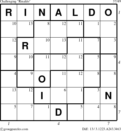 The grouppuzzles.com Challenging Rinaldo puzzle for  with all 13 steps marked
