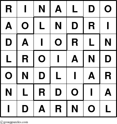 The grouppuzzles.com Answer grid for the Rinaldo puzzle for 