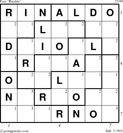The grouppuzzles.com Easy Rinaldo puzzle for  with all 3 steps marked