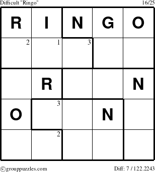 The grouppuzzles.com Difficult Ringo puzzle for  with the first 3 steps marked