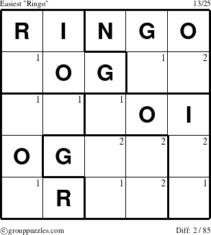 The grouppuzzles.com Easiest Ringo puzzle for  with the first 2 steps marked