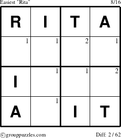 The grouppuzzles.com Easiest Rita puzzle for  with the first 2 steps marked