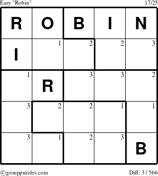 The grouppuzzles.com Easy Robin puzzle for  with the first 3 steps marked