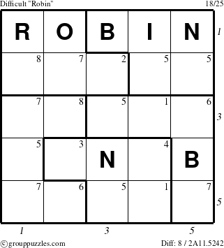 The grouppuzzles.com Difficult Robin puzzle for  with all 8 steps marked