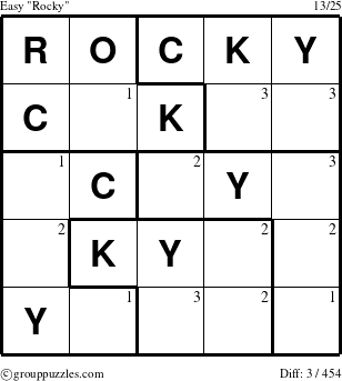 The grouppuzzles.com Easy Rocky puzzle for  with the first 3 steps marked