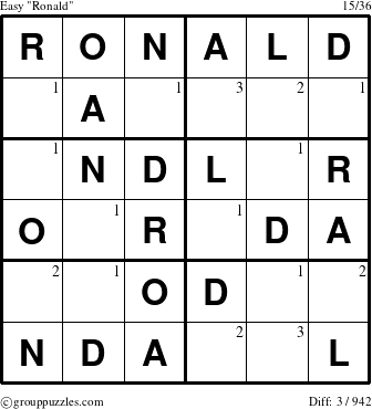 The grouppuzzles.com Easy Ronald puzzle for  with the first 3 steps marked