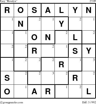 The grouppuzzles.com Easy Rosalyn puzzle for  with the first 3 steps marked