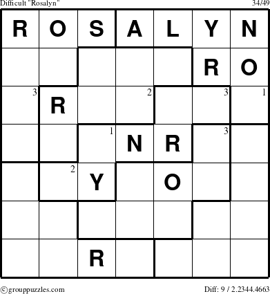 The grouppuzzles.com Difficult Rosalyn puzzle for  with the first 3 steps marked