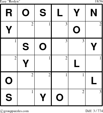 The grouppuzzles.com Easy Roslyn puzzle for  with the first 3 steps marked
