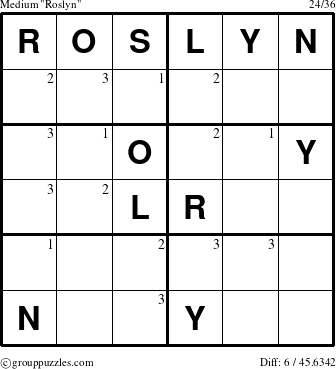 The grouppuzzles.com Medium Roslyn puzzle for  with the first 3 steps marked