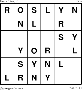 The grouppuzzles.com Easiest Roslyn puzzle for 