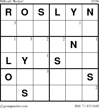 The grouppuzzles.com Difficult Roslyn puzzle for  with the first 3 steps marked