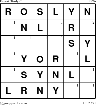 The grouppuzzles.com Easiest Roslyn puzzle for  with the first 2 steps marked