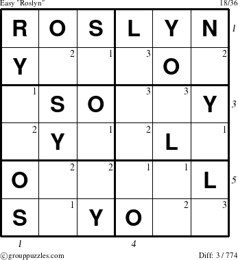 The grouppuzzles.com Easy Roslyn puzzle for  with all 3 steps marked