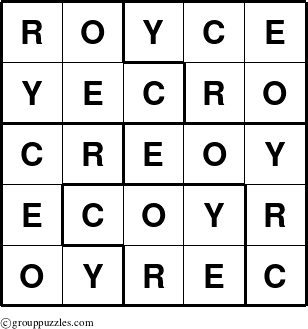 The grouppuzzles.com Answer grid for the Royce puzzle for 