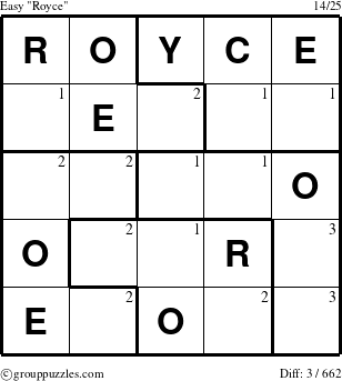 The grouppuzzles.com Easy Royce puzzle for  with the first 3 steps marked