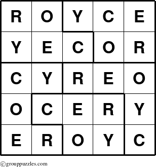 The grouppuzzles.com Answer grid for the Royce puzzle for 