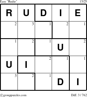 The grouppuzzles.com Easy Rudie puzzle for  with the first 3 steps marked
