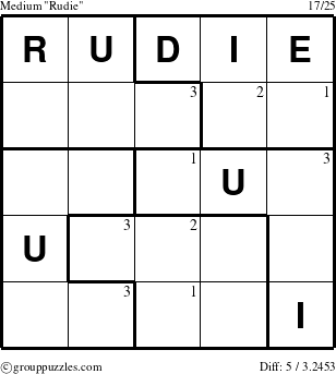 The grouppuzzles.com Medium Rudie puzzle for  with the first 3 steps marked
