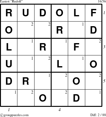 The grouppuzzles.com Easiest Rudolf puzzle for , suitable for printing, with all 2 steps marked