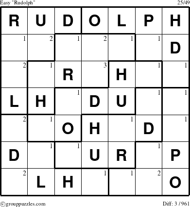 The grouppuzzles.com Easy Rudolph puzzle for  with the first 3 steps marked