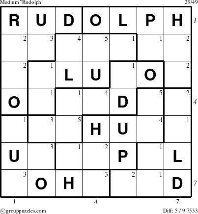 The grouppuzzles.com Medium Rudolph puzzle for  with all 5 steps marked