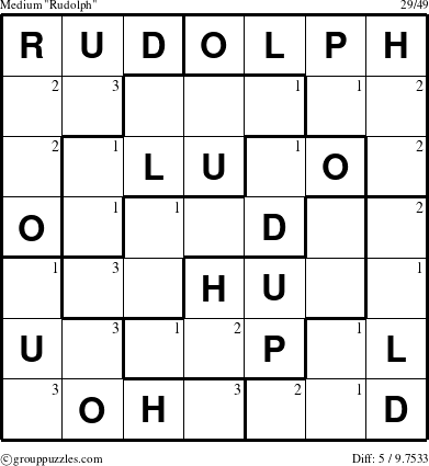 The grouppuzzles.com Medium Rudolph puzzle for  with the first 3 steps marked