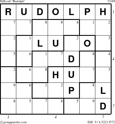 The grouppuzzles.com Difficult Rudolph puzzle for  with all 9 steps marked