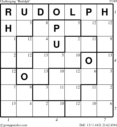 The grouppuzzles.com Challenging Rudolph puzzle for  with all 13 steps marked