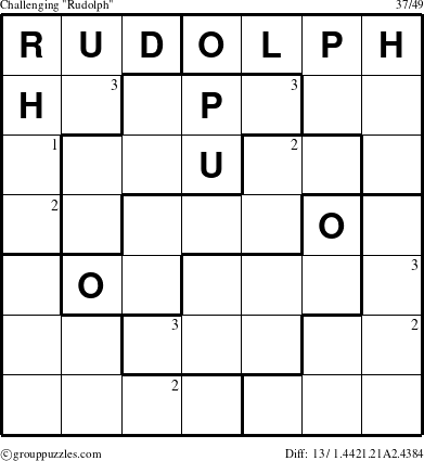 The grouppuzzles.com Challenging Rudolph puzzle for  with the first 3 steps marked
