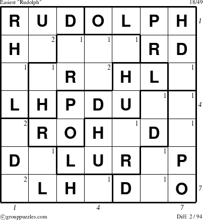 The grouppuzzles.com Easiest Rudolph puzzle for  with all 2 steps marked