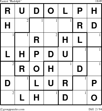 The grouppuzzles.com Easiest Rudolph puzzle for  with the first 2 steps marked