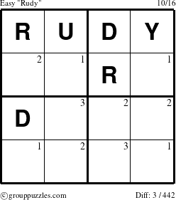 The grouppuzzles.com Easy Rudy puzzle for  with the first 3 steps marked
