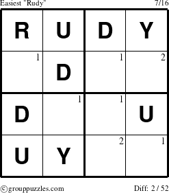 The grouppuzzles.com Easiest Rudy puzzle for  with the first 2 steps marked