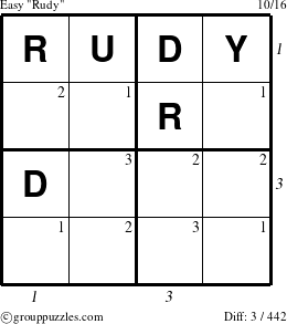 The grouppuzzles.com Easy Rudy puzzle for  with all 3 steps marked