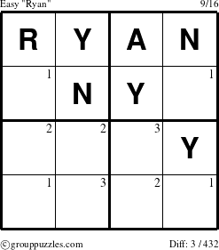 The grouppuzzles.com Easy Ryan puzzle for  with the first 3 steps marked
