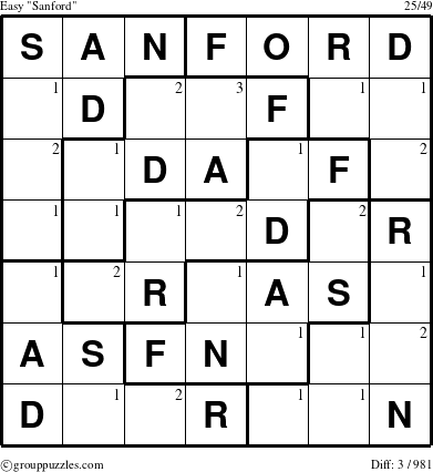 The grouppuzzles.com Easy Sanford puzzle for  with the first 3 steps marked