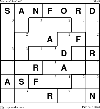 The grouppuzzles.com Medium Sanford puzzle for  with the first 3 steps marked