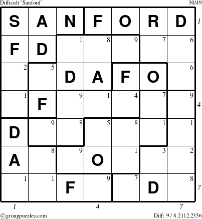 The grouppuzzles.com Difficult Sanford puzzle for  with all 9 steps marked