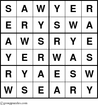 The grouppuzzles.com Answer grid for the Sawyer puzzle for 